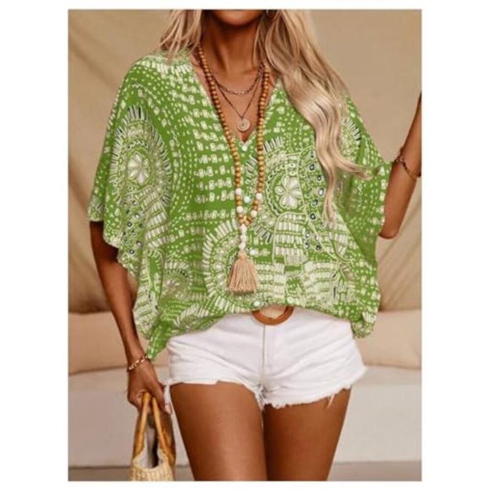 Women’s Green Boho V-Neck 3/4 Sleeve Blouse Vintage 70s Summer Top - Picture 12 of 12